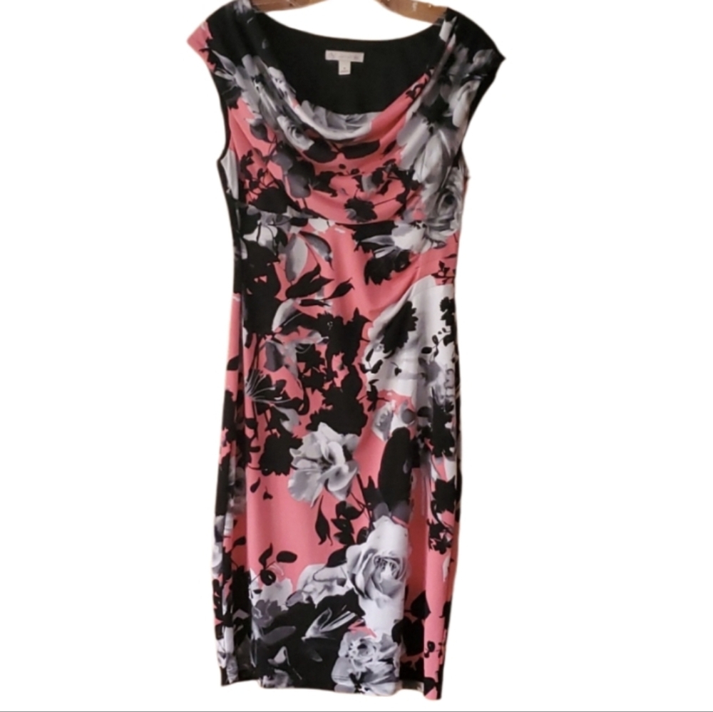 DressBarn Womans Size 8 Sleeveless Draped Neck Floral Dress in Coral Black White